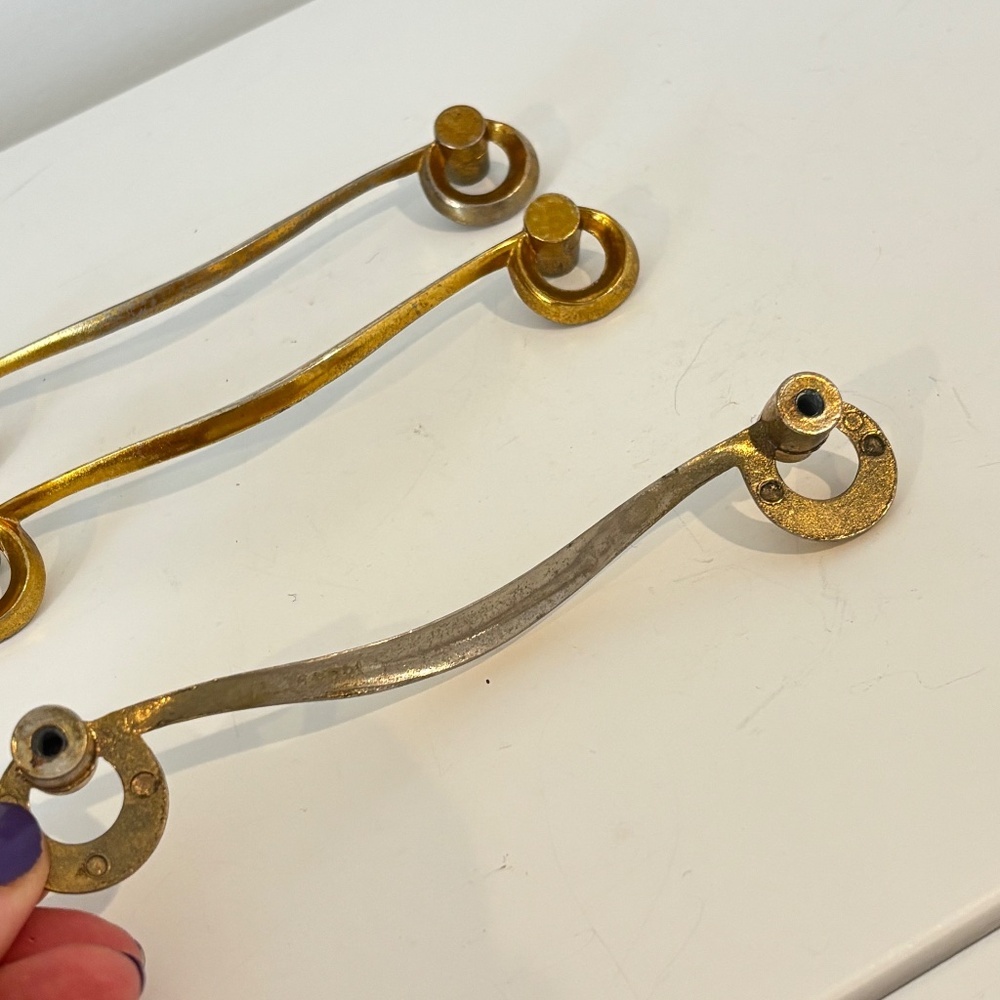 MCM Set of THREE drawer pulls mid century dresser handles gold toned 5.5" wide - Picture 5 of 12